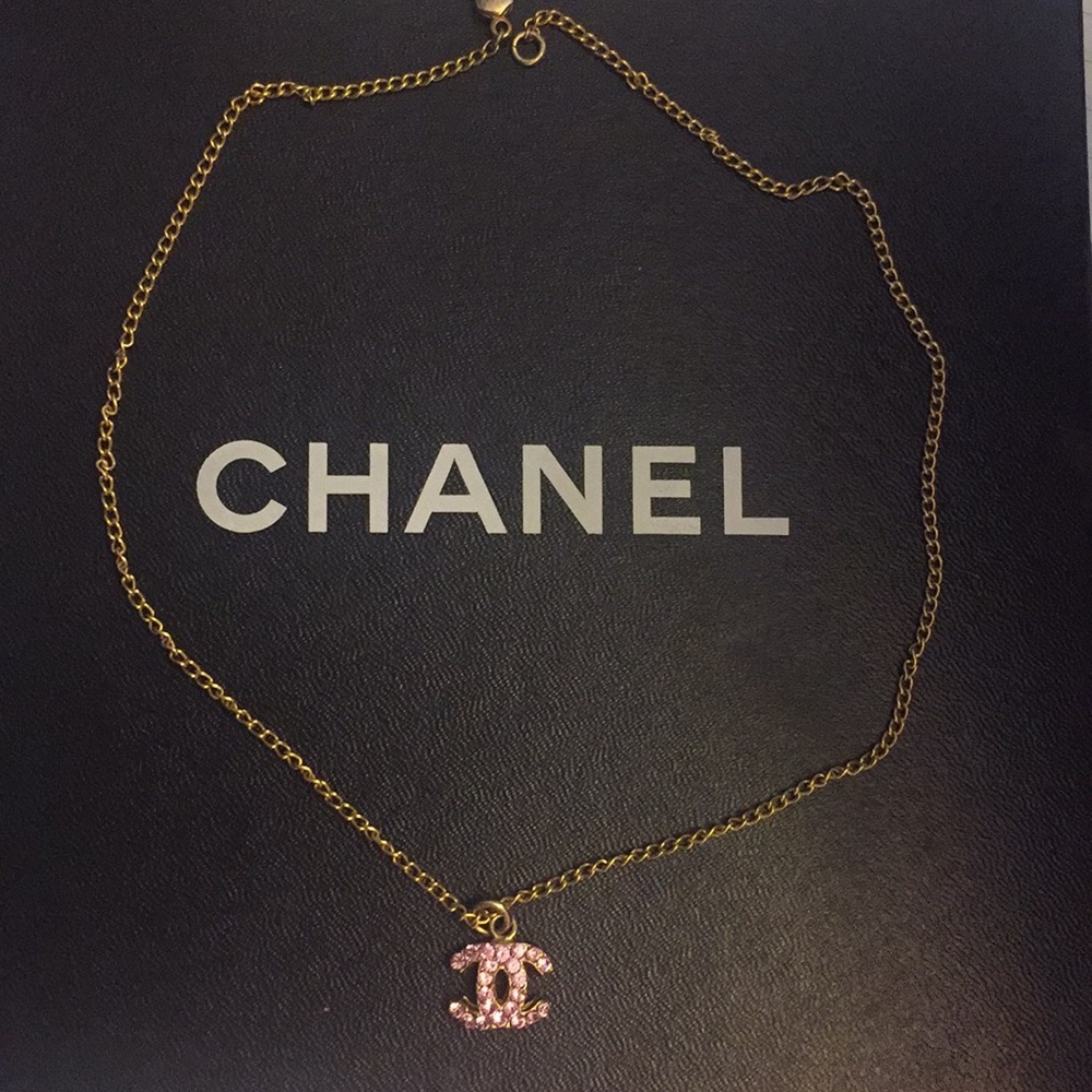 Chanel Golden and Pink Rhinestone CC Necklace